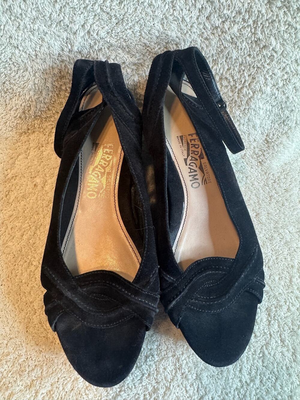Salvatore Ferragamo Black Suede Ankle Strap Flats Low Block Heel Designer 10B